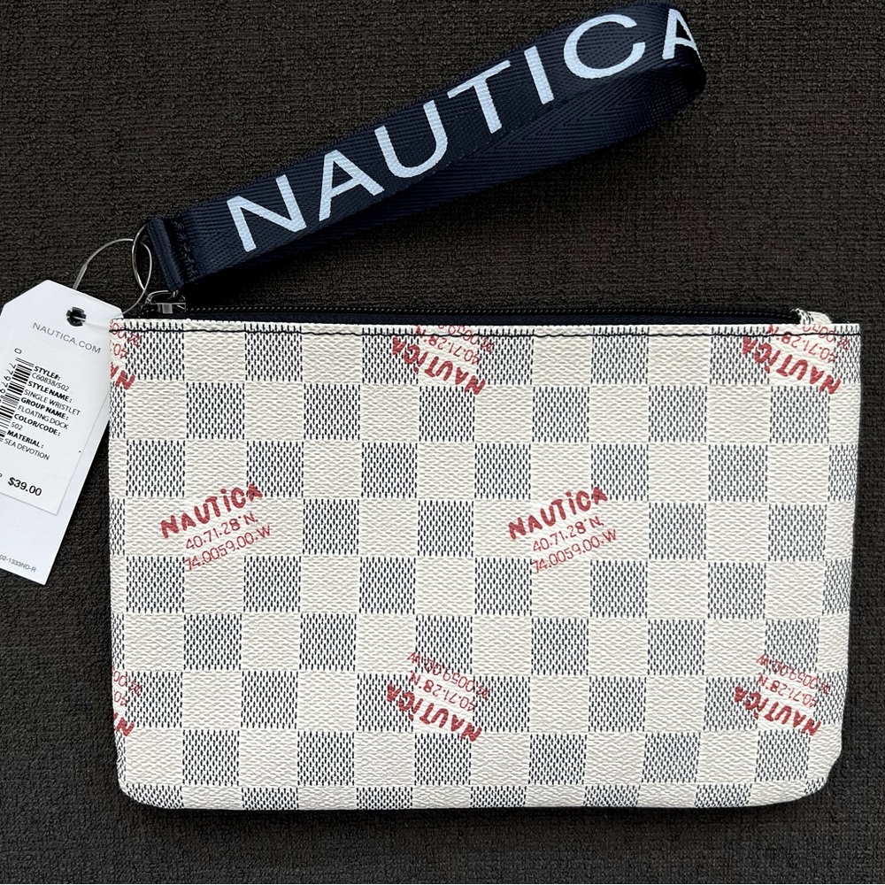 Nautica White Azur Checkered & Graffiti Wristlet Pouch Bag NWT